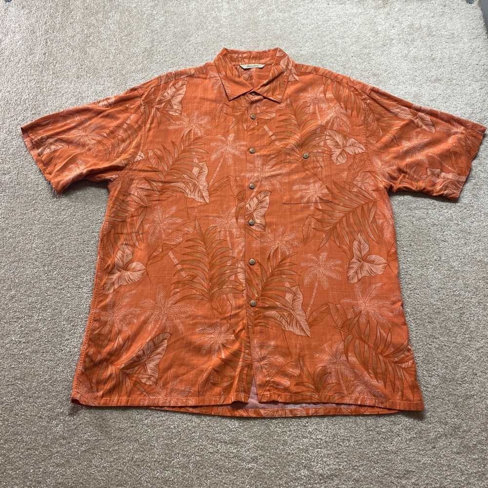Paradise Collection Shirt Mens XL Orange‎ Tropical Palm Leaf Button Up
